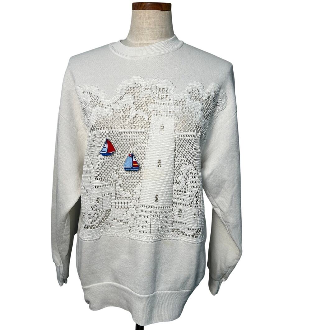 Vintage 90s Lighthouse Lace Nautical Sailboat Sweatshirt SIZE L Preppy Kitsch